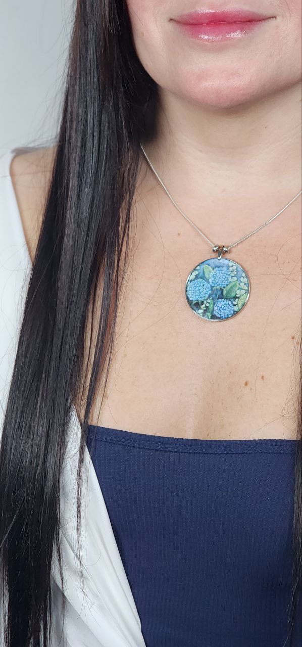 Blue Hydrangea Round Pendant