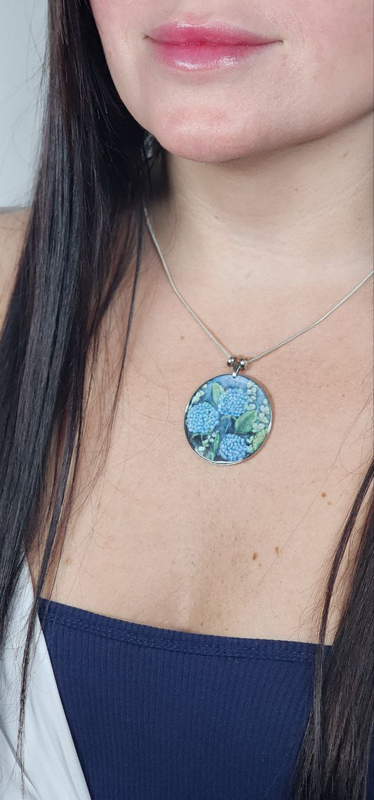 Blue Hydrangea Round Pendant
